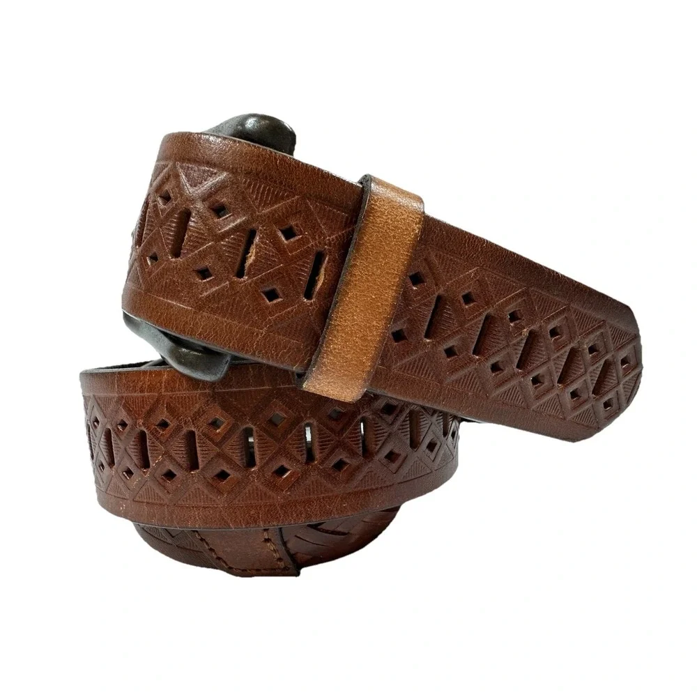 Western Belt Mens 34-36 Hand Tooled Braided Leather Tan Brown Vtg